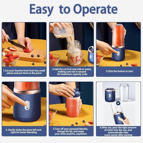 Image of Portable Blender USB Rechargeable Smoothie Maker | Mini Personal Juicer | 6 Stainless Steel Blades | 3 Speed Modes | 1500mAh Battery | Electric Fruit Mixer for Smoothies, Shakes & Juice