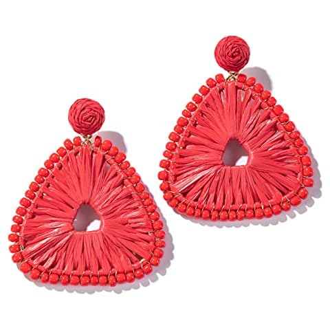 Statement Raffia Earrings for Women, Boho Geometric Triangle Earrings Beaded - Trendy Summer Beach Vacation Earrings (Red) Cover