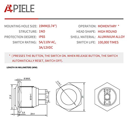 Apiele (Pack Of 2) 19Mm Momentary Push Button Switch 5A Aluminium Alloy Shell 12V 24V 36 Dc 110V 250V Ac 5A 1No Spst Screw Terminal Apiele (Blue Shell) #TOP1