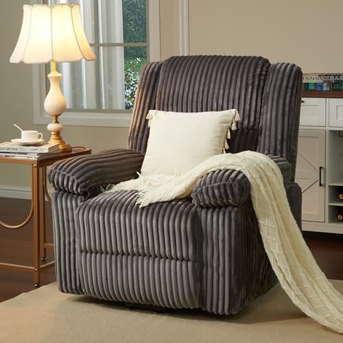 Image of Garvee Corduroy Recliner Chair, Manual Recliner Sofa with Handle, Pillow Top Arms, Thick Padding, Side Pocket, 330Lbs Capacity, Adjustable Recliner for Living Room, Bedroom, Home Theater, Dark Gray
