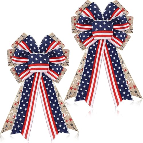 4th of July Patriotic Wreath Bows 2 Pack Large American Flag Burlap Ribbon Bows for Front Door Staircase Independence Day Memorial Day Party Home Decoration (4th of July One Size)