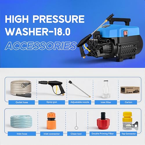 Image of Cockatoo RinseSmart18W High Pressure Washer, Corded Electric 1800W 2.5HP, 120 Bar, 5L /Min Flow, Aluminium Binding Induction Motor, 7m Hose, Foam Spray Gun - Car, Bike, Patio, Garden, Outdoor (Black)