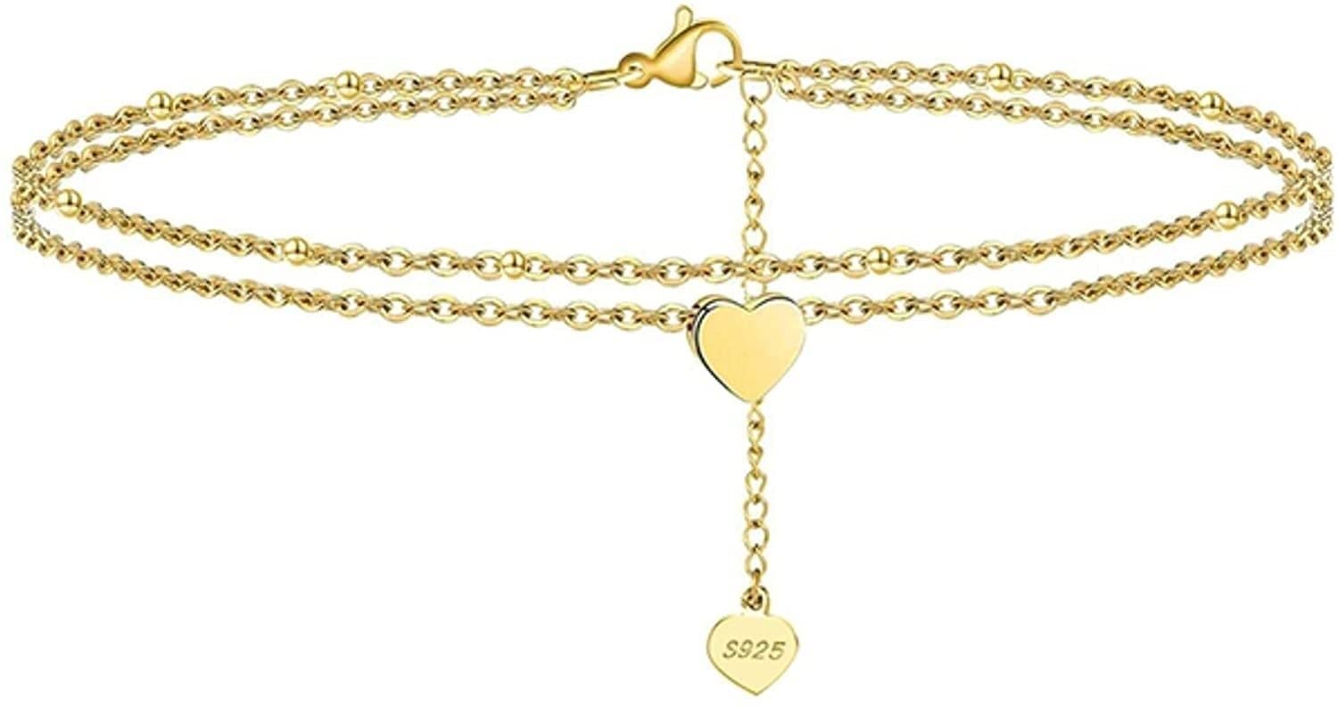 RWRAPS Cavigliera da donna in argento sterling 925 a strati con cuore e catena satellitare Cavigliera con catena a cuore a 2 livelli Gioielli estivi a piedi nudi (argento b) (oro b)