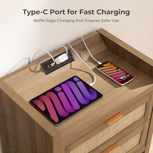 Image of SICOTAS Bed Night Stand Set of 2 - Rattan Nightstands with Type-C Charging Station, 2 Storage Drawers - Boho Bedside Tables End Table for Small Space - Natural Oak