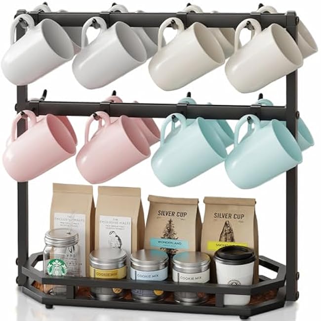 Coffee Mug Holder with Movable Hooks,16 Capacity Coffee Cup Holder for Countertop, Metal Mug Tree Holder Rack with Storage Base,Home Storage Mug Organizer adjustable Heights (Black)