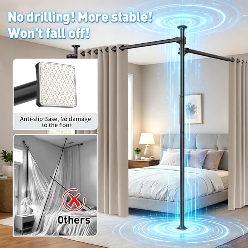 Image of SUNALLY Room Divider Tension Curtain Rod, No Drilling Room Separator for Space Partition, 4-10ft(H) 32-100inch(W) Adjustable Heavy Duty Temporary Wall Divider Floor to Ceiling Tension Rod, Black