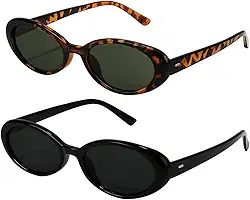 Kit 2 Óculos de Sol Retrô Oval 90s Feminino – Preto + Leopardo | Estilo Vintage com Proteção UV400 e Design Leve e Confortável