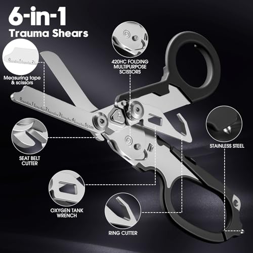 Image of 6-in-1 Trauma Clipper, Folding Emergency Clipper, Outdoor Camping Tool, Seat Belt Cutter, Oxygen Cylinder Wrench, Free Adjustable Wrench (Yellow Black Handle)