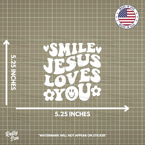 Image of Smile Jesus Loves You - Christian Jesus Cross Car Vinyl Decal Bumper Sticker for Car, Wall, Window, Vehicle, Weather Resistant, Viral, White
