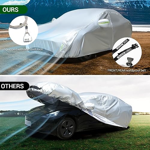 Image of TECOOM Car Cover Fit for Tesla Model 3 - Waterproof All Weather, 2017-2023 Model 3 Cover with Fleece Lining, Ventilated Mesh, Charge Port Opening, Zipper Door, Trunk Opening