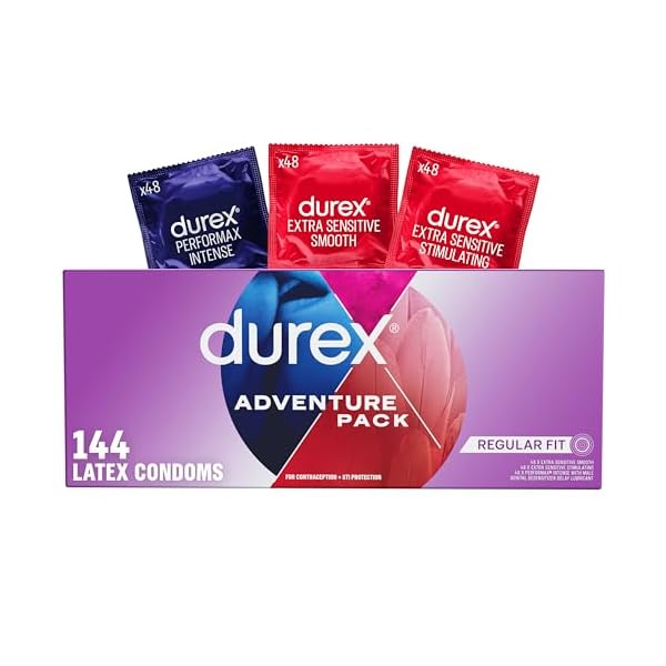Durex Condoms Adventure Pack | Mix of Smooth & Ribbed Condoms Bulk | Condom Variety Pack | Regular Fit Latex Condoms (Includes Durex Extra Sensitive Smooth, Stimulating, & Performax Intense), 144 ct