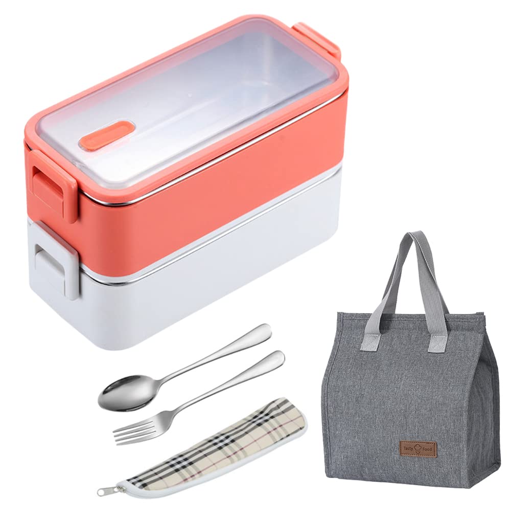 Tohoee Bento Box Kit 304 Stainless Lunch Box 2-Layer Anti-Leak Adult Bento with Spoon Fork and Insulation Bags for Adult Work Office Picnic School Office