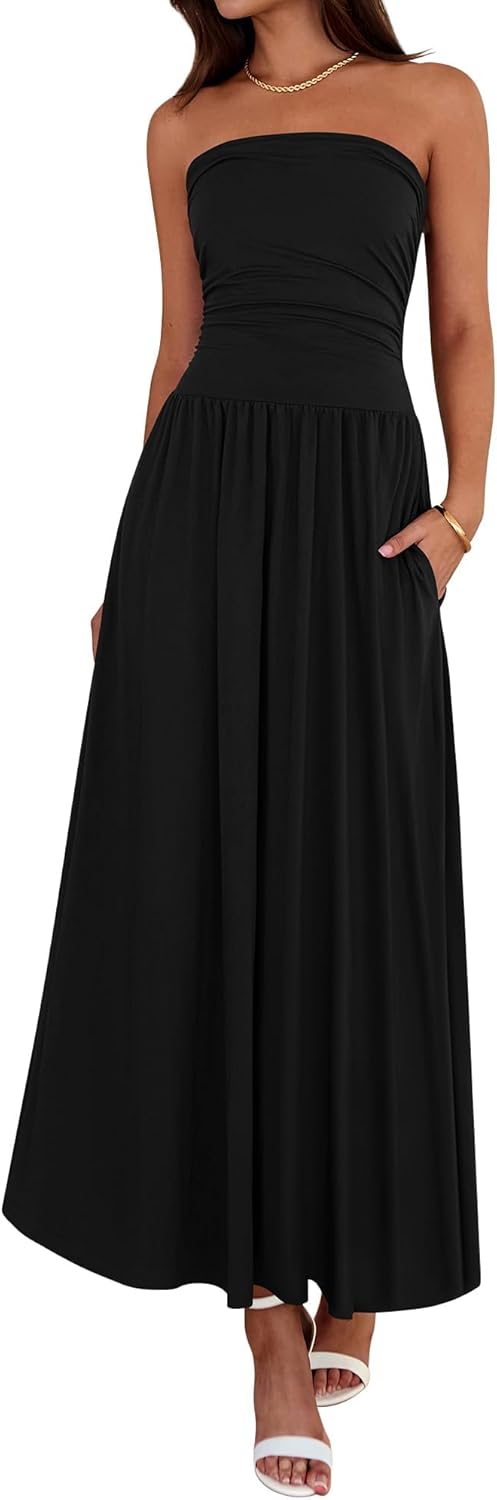BTFBM Summer Maxi Dresses for Women 2025 Strapless Ruched Tube Top Flowy Beach Vacation Wedding Guest Dress Pockets