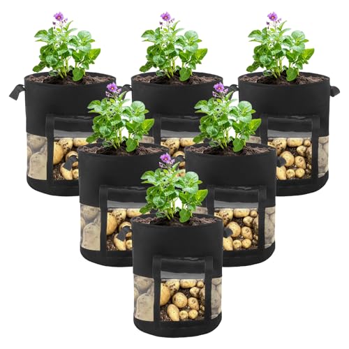 6 bolsas de 7 galones para plantar patatas con ventana, macetas gruesas de tela no tejida, macetas para plantar patatas con asas, bolsas para cultivar patatas, tomates, flores y verduras