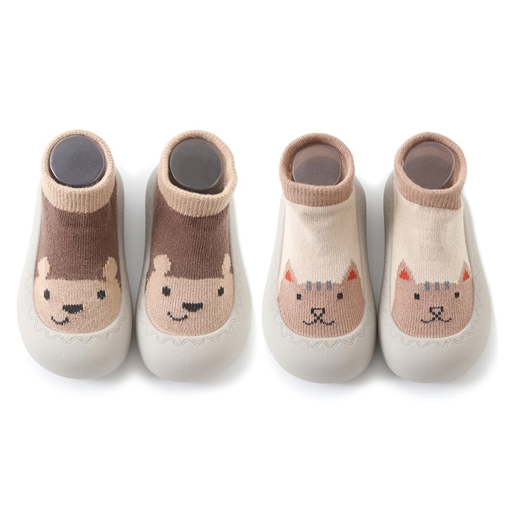 FABRST 2 Pairs Baby Sock Shoes Boys Girls Non Slip Soft Rubber Sole Slippers Toddler First Walking Shoes Infant Babys Slip-on Sneakers(Brown Khaki Bear-12.6)