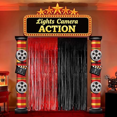 Funnymoom 5 Pcs Movie Night Party Decorations Movie Night Porch Banner Decor with Lights Camera Action Backdrop Red Black Fringe Curtains for Theater Cinema Theme Award Decor Supplies