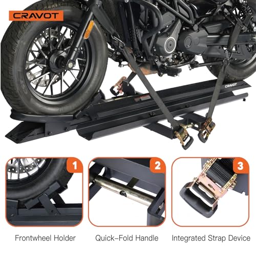 Image of CRAVOT Motorack M1 Motorcycle Hitch Carrier with Ramp, 350lbs Capacity | Dirt Bike Carrier, Foldable Hauler Hitch Mount Rack Anti-Rattle Up to 4-inch Fat Tire 2 inch Receiver