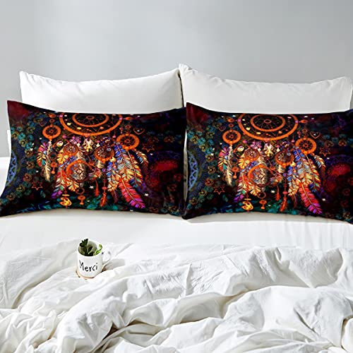 Bohemian Comforter Cover Dreamcatcher Duvet Cover Set Retro Ethnic Indian Bedding Set For Kids Teen Boys Girls Exotic Watercolor Dream Catcher Boho Bedspreads Cover 3Pcs Queen Size Orange Blue Purple #TOP2