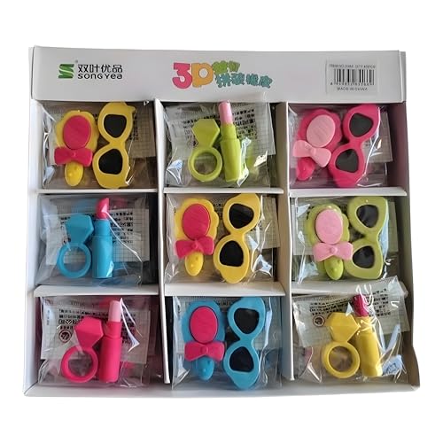 Image of Radiance Novelty 3D Eraser Set - Cute Makeup (Lipstick & Ring) and Sunglasses Designs - Bulk School Supplies, Party Favors, Classroom Prizes for Kids Girls (12 Pack Assortment)
