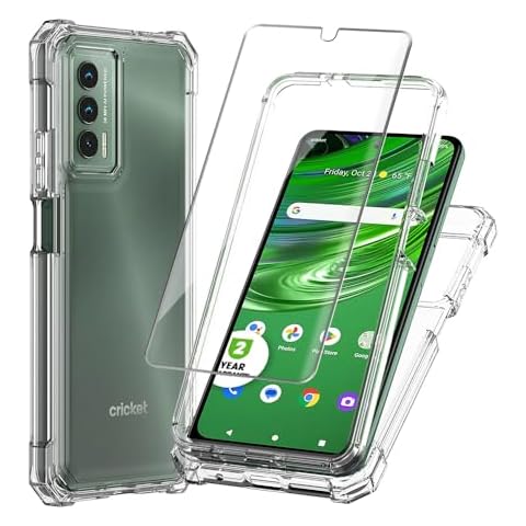 YJROP for Cricket Outlast Case, with Tempered Glass Screen Protector Crystal Clear Full-Body Rugged Hybrid Bumper Shockproof Protective Phone case Cover for Cricket Outlast, At&t Jetmore Cover