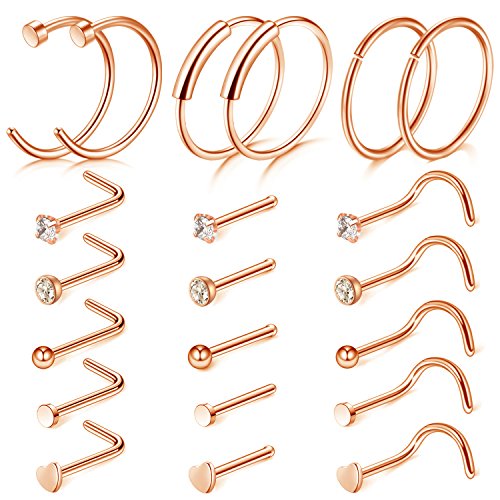 D.Bella 20G Rose Gold Nose Ring-21pcs Nose Rings Studs Nose Screws Stainless Steel Nose Rings 8mm