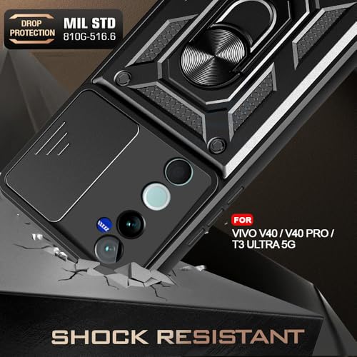 Image of AESTMO Tough Armor Ring Holder & Sliding Camera Cover | 360 Degree Protection Bumper Back Case Cover for Vivo V40 / V40 Pro / T3 Ultra 5G (Black) - Polycarbonate;Thermoplastic Polyurethane
