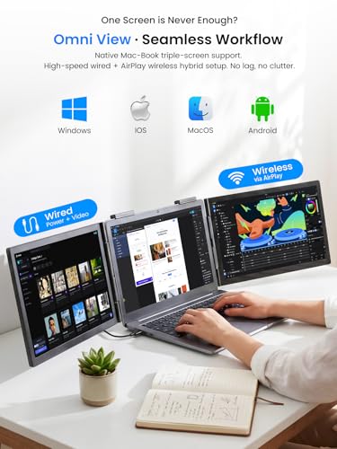 Image of UPERFECT Laptop Screen Extender, 14'' Wireless Triple Portable Monitor, Ultra-Slim Dual Travel Monitor 125% sRGB One Cable Plug -Play Extender Monitor for MacOS /Win /Android, Fits 13.3-17.3 inch Laptops