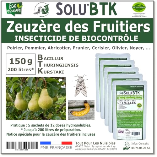 SoluBTK - Zeuzère des fruitiers: Poirier, Pommier, Abricotier, Cerisier, Prunier, Olivier ... 150 g Bacillus thuringiensis BTK - Insecticide Utilisable en Agriculture Biologique - Traitement chenilles
