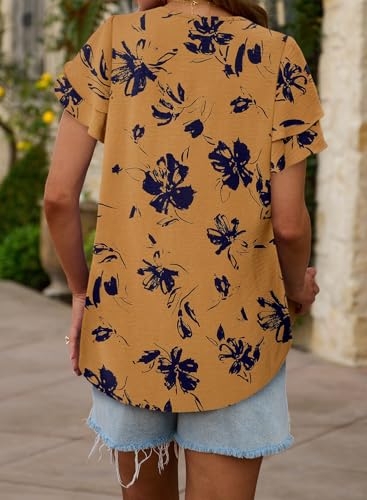 CRAZY GRID Women's Shirts Summer Casual Crewneck Ruffle Short Sleeve Blouses Cute Floral Print Tunic Tops