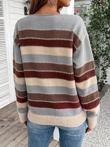 Image of BEAUDRM Women's Striped Sweater Color Block Crew Neck Boho Sweater Long Sleeve Knitted Weatern Jumper Tops Multicolor Medium