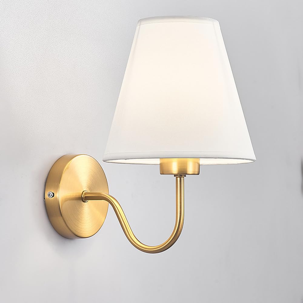 HUAYUSEDF American Creative Wall Lamp,Gold Bedroom Bedside Sconce with Fabric Shade,Industrial Rustic Light Hardwired,E26 Base Vintage Mounted for Hallway Living Room(White)