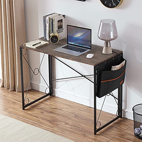 Vecelo Computer Industrial Style Writing Study Desk With Storage Bag/Sturdy Steel Folding Laptop Table For Home Office (39.3", Rustic Gray) #TOP1