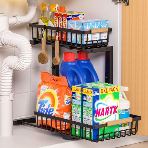 Accwork Under Sink Storage, 2 Tier Pull Out Under Sink Organiser, Undersink Storage Kitchen Cupboard Organiser with 2 Hooks for Bathroom Kitchen Storage & Organisation, 1 Pack