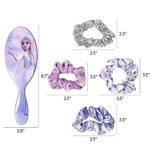 Frozen Princess Elsa Hair Accessory 5 Pcs Set 1 Regular 9 Inch Frozen Hair Brush For Girls + 4 Frozen Scrunchies For Kids Hair Accessories For Girls Detangling Brush Elastic Hair Ties Ropes Scrunchies #TOP7