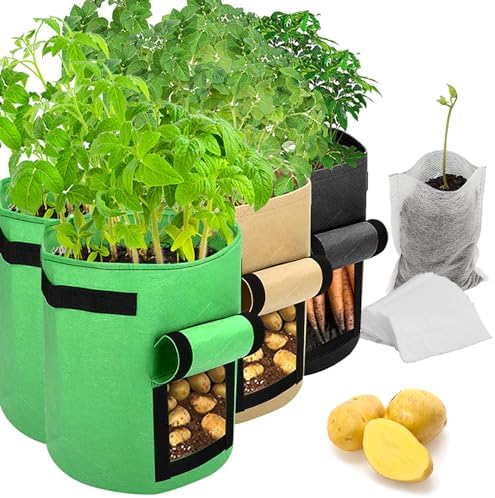 Maylove Potato Grow Bags Aeration Non-woven Fabric Pots Plant Bags w/Handles Garden Vegetable Growing Bags with 50 Pcs Plant Seedling Bags (Black Color, 3pack - 10Gallon)