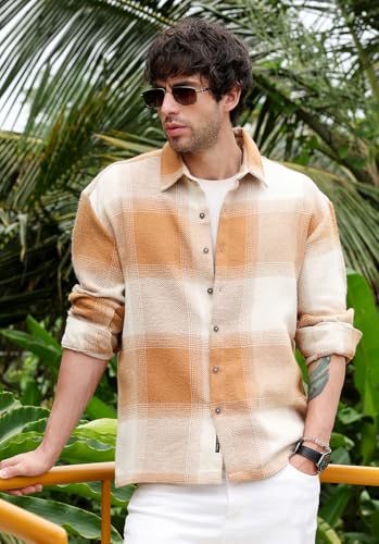 Image of CAHOOT Men's Vignette Checkered Oversized Shirt | Spread Collar, Long Single Button Cuff Sleeves | Button, Straight Hem | Plaid Twill | Woven Fabric for Casual Tan Brown:Off White