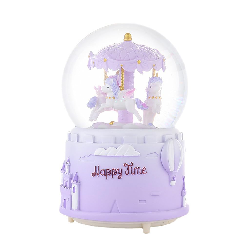 Inszkoos Girls Carousel-Purple Musical Snow Globe Crystal Ball Merry Go Around Snow Music Box Rotating Musical Box With Colorful Led Light Melody Musical Gift Artware Christmas New Year Birthday Gift For Kids Bedroom Decor