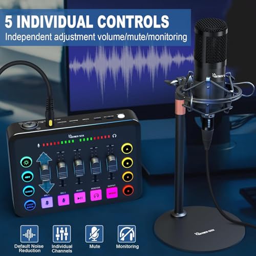 Image of Podcast Equipment Bundle for 2, RGB Audio Interface with XLR Condenser Microphone, and 3.5mm Mic, Mute,48V Phantom Power for Streaming,Gaming,Recording-Black (H1)