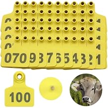 100 Pcs Cattle Ear Tags with Numbers, Plastic, Yellow, Farm Animal ID Identification Ear Tags for Livestock Management, 1.9 x 1.6 in