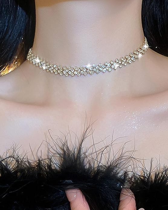 LUYANFX Choker Kette Damen Gold Halsreif Strass Kette Glitzer Schmuck Halskette Damen Gold Halsband Schmuck Necklace Goldene Trachtenkette für Alltag, Partys, Bälle, Hochzeiten