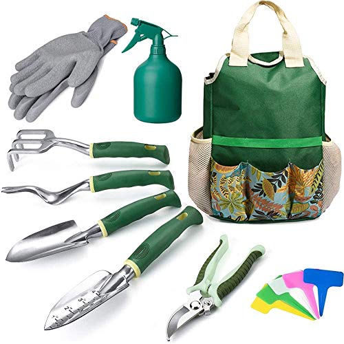 WOHOUS Garden Tool Set, 9 Piece Stainless Steel Heavy Duty Garden Tools Set with Storage Bag, Garden Gloves,Shovels,Weeder, Rake, Trowel, Sprayer,Plant Labels, Gardening Tools for Women and Men