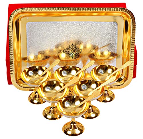 Indian Art Villa Gold Polished Silver Plated Set Of 6 Ice Cream Bowl With 1 Tray & 6 Spoon, Serving Ice Cream Deserts Tableware Gift Item #TOP1