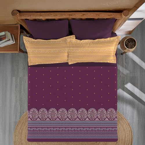 Image of MYTRIDENT Sanskriti Cotton Bedsheet for Double Bed, Gifting Collection King Size - Rogan Art Plum