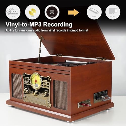 Miniatura 7 de Mersoco Tocadiscos Bluetooth De Vinilo Con Altavoces Estéreo, Convertidor De Vinilo Lp A Mp3 Con Cd, Reproductor De Casete,Radio Fm,Entrada Auxiliar Y Tomas De Auriculares