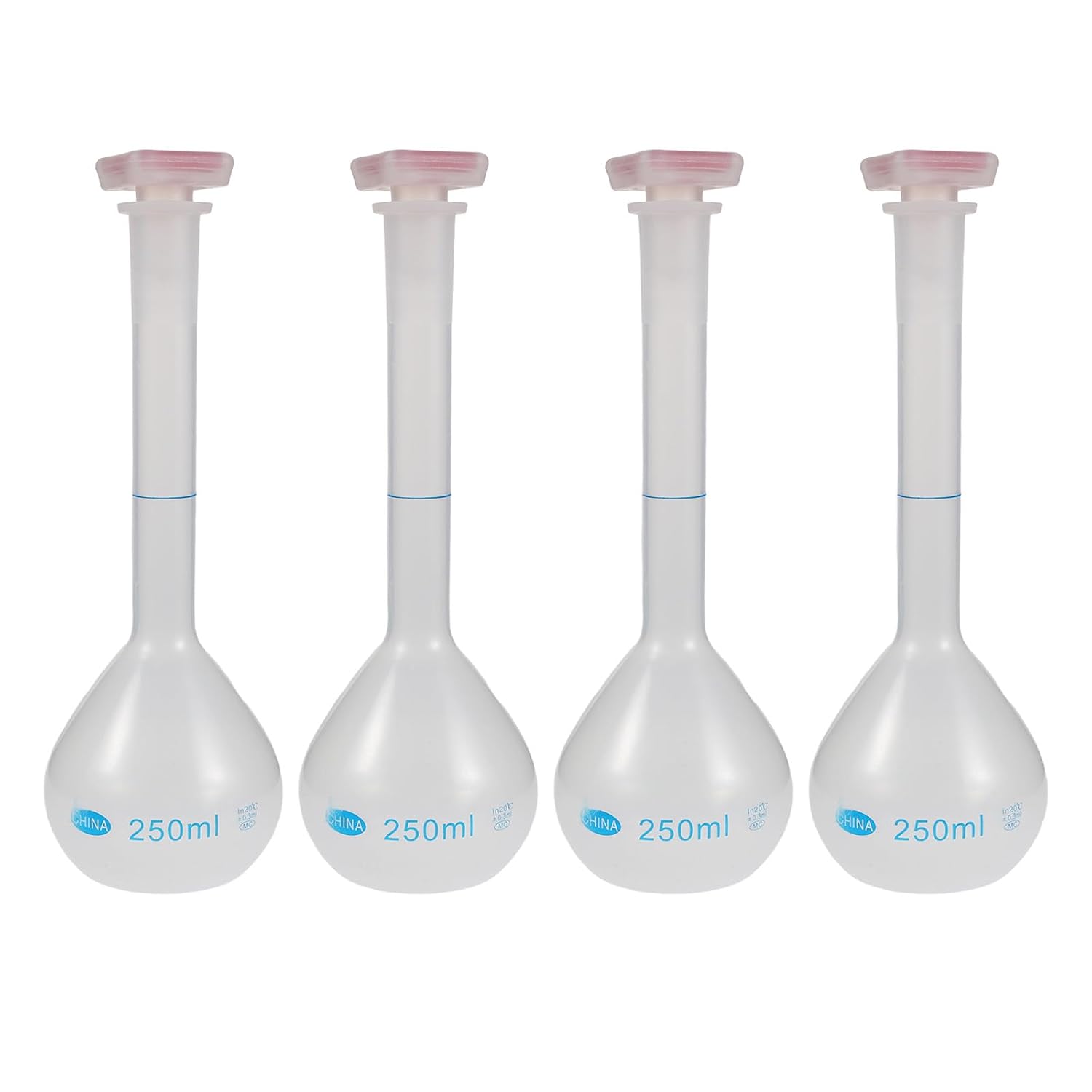 4pcs Reusable Plastic Volumetric Flask with Plug Cap, 250ml, Narrow Neck, Calibrated Measuring Bottle, Laboratory Equipment for Student Lab Chemistry