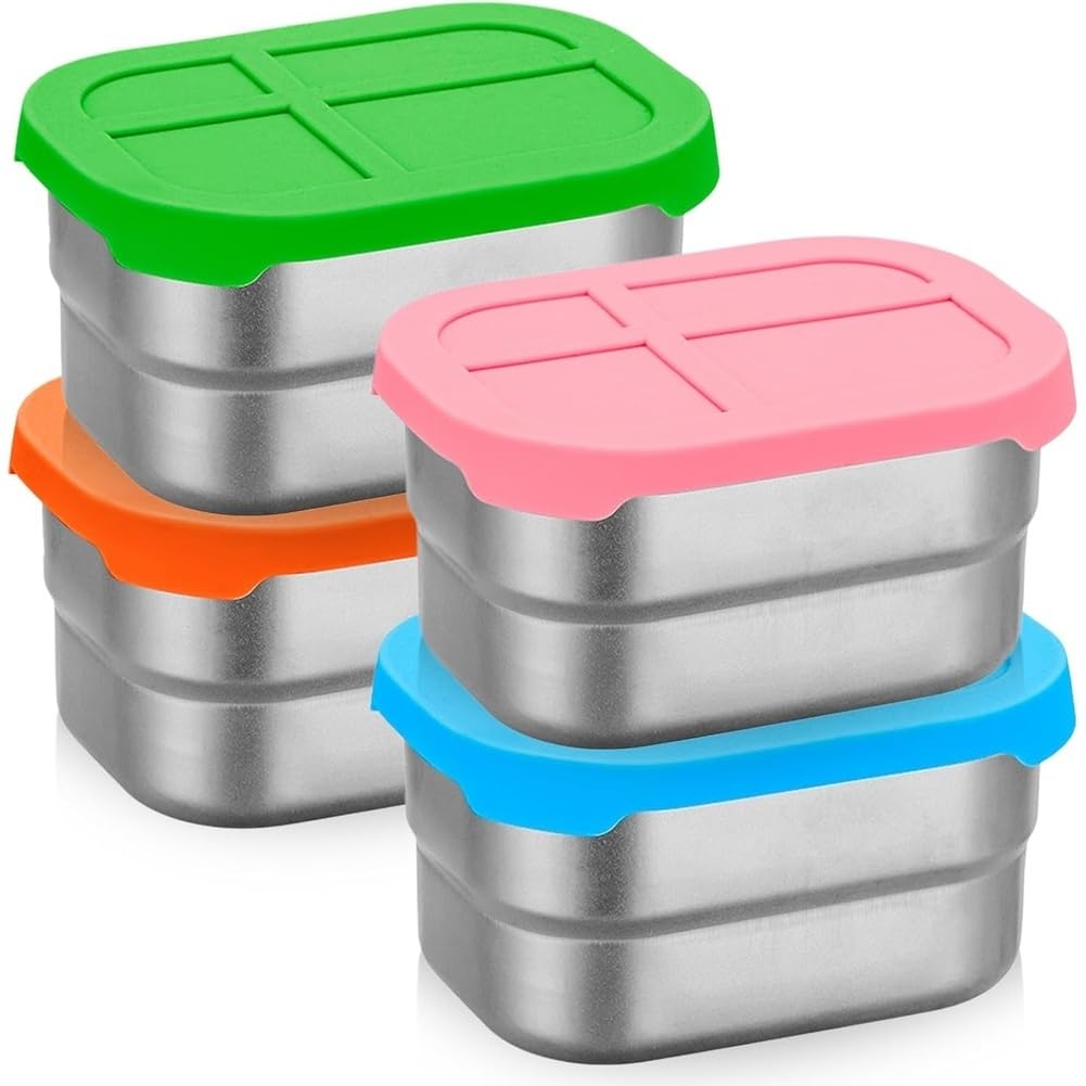 Aundhegrtt Leak-Proof 4pcs 230 Ml Stainless Steel Snack Boxes with Silicone Lid, Small Lunch Boxes& Meal Prep Containers