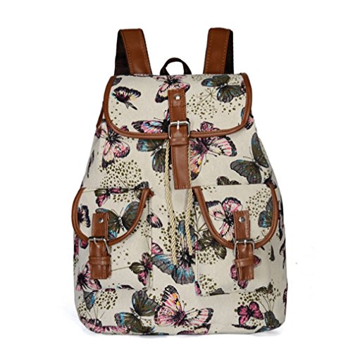Freessom Sac à Dos Femme Vintage Toile Fleurs Fleuri Papillon Boheme Ethnique Sac d'École College Fille Ado Loisir Etanche A La Mode Chic Voyage Randonnée...