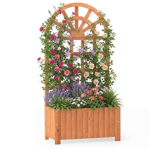 HOMASIS Jardinière avec Treillis en Bois, Carré Potager Jardinière Brise-Vue avec Trou Drainage, Lit Surélevé de Jardin, pour Plante Grimpante Vigne,...