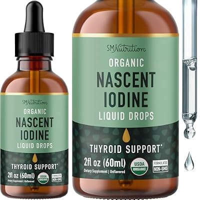 Organic Iodine Liquid for Thyroid Support | Nascent Iodine Supplements | USDA Certified Organic | Decolorized Potassium Iodide Liquid for Thyroid Support | 1100 mcg | 2 Fl Oz, Over 1-Year Supply