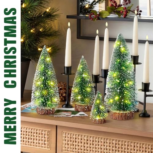 Hatisan 4pcs Mini Christmas Trees with Light, Artificial Christmas Tree Bottle Brush Trees with Wooden Base for Christmas Decor Party Home Table Holiday - Image 6